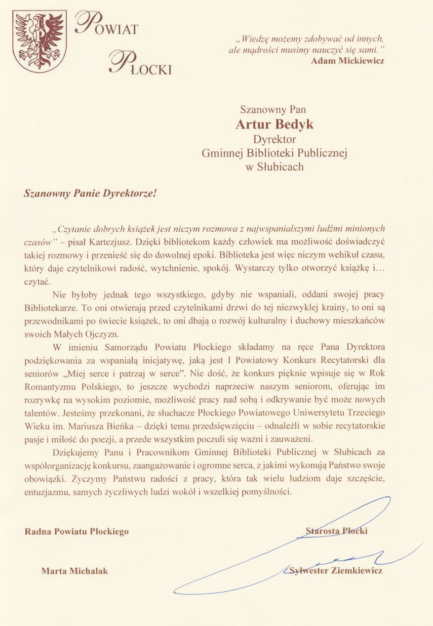 List od Starosty Płockiego